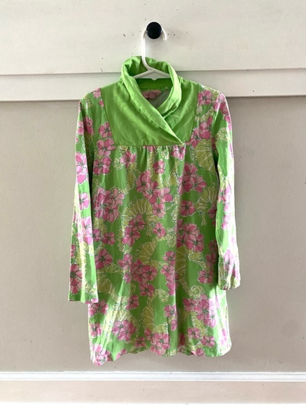 Lilly Pulitzer Seahorse Dress Long Sleeve Cotton Green Pink Size Medium